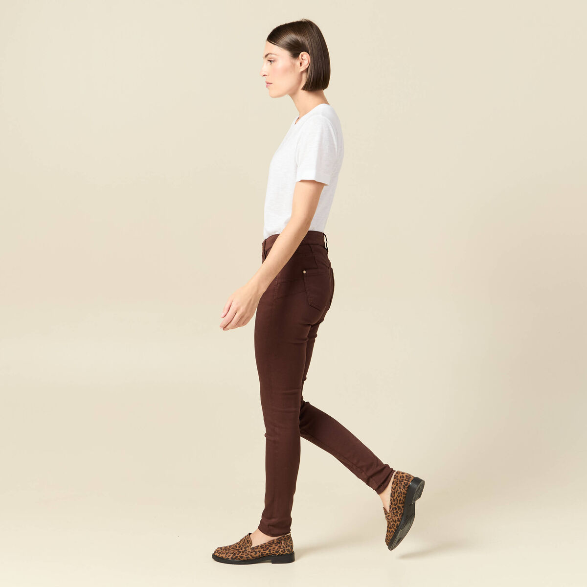 Pantalon skinny push-up taille standard marron fonc&eacute; femme