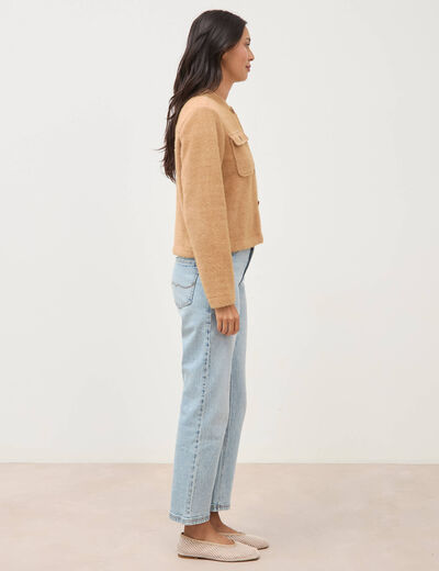 Gilet droit manches longues col mao camel femme