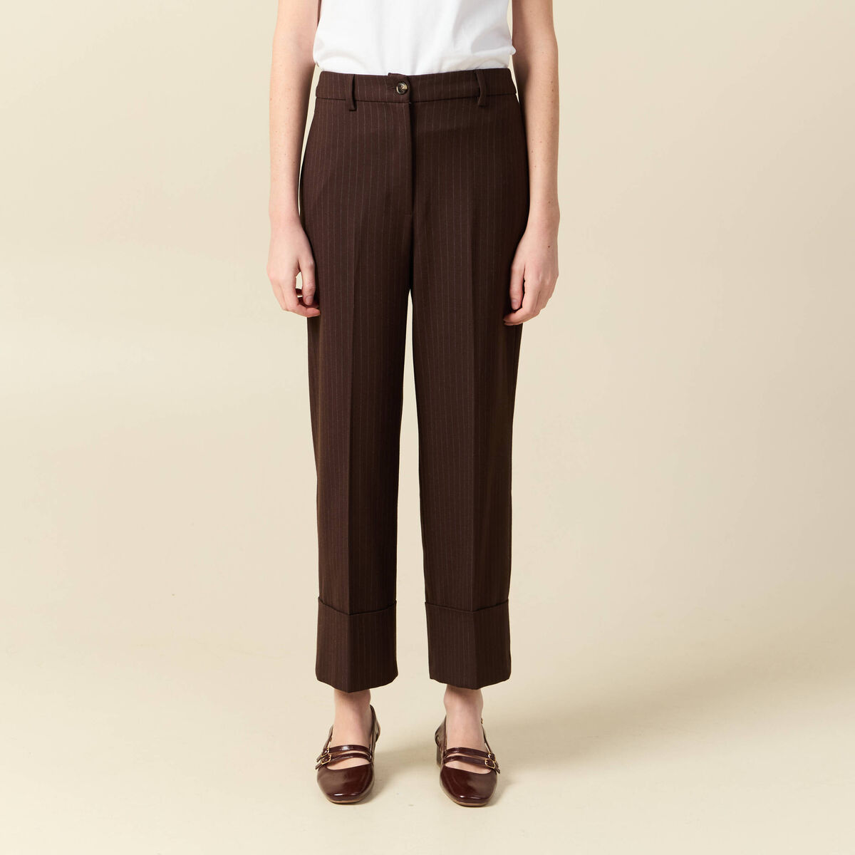 Pantalon taille haute marron fonc&eacute; femme