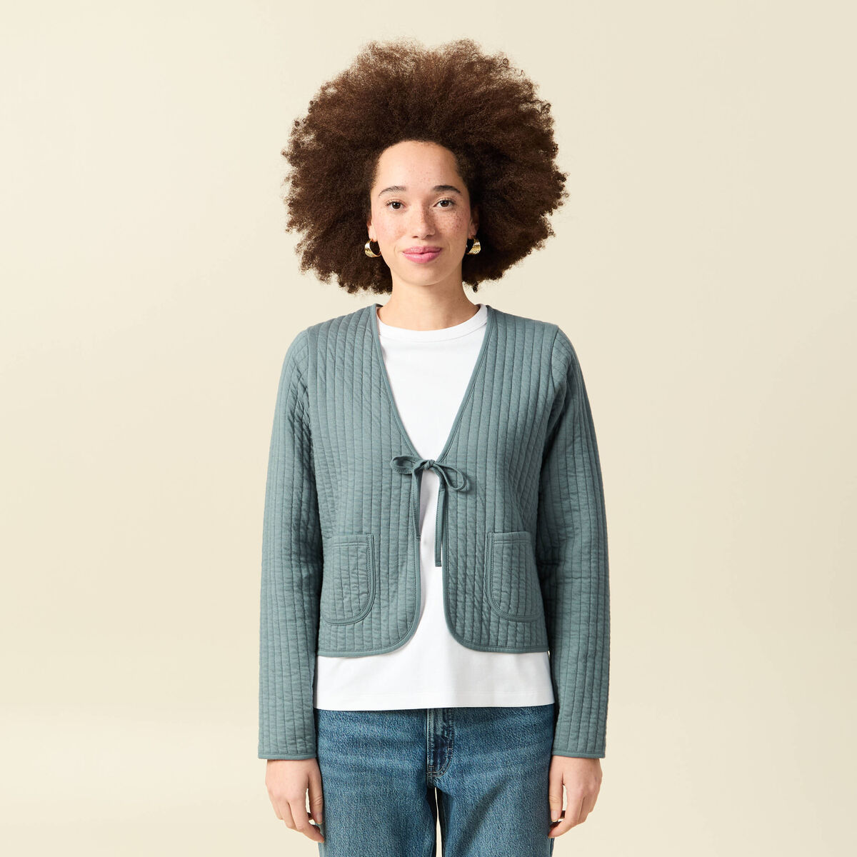 Cardigan droit court manches longues vert canard femme