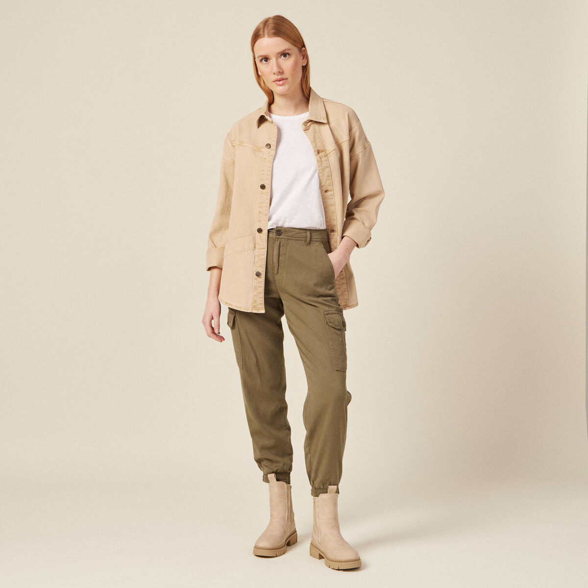 Pantalon battle 7/8&egrave;me taille standard vert kaki femme