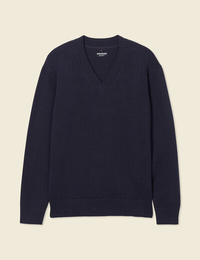 Pull fin col v manches longues bleu marine homme