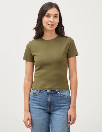 T-shirt ajust&eacute; col rond manches courtes vert olive femme