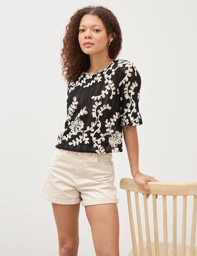 T-shirt brod&eacute; col rond manches 3/4 noir femme