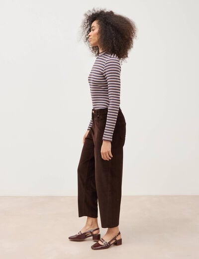 Pantalon taille haute velours resserr&eacute; marron femme