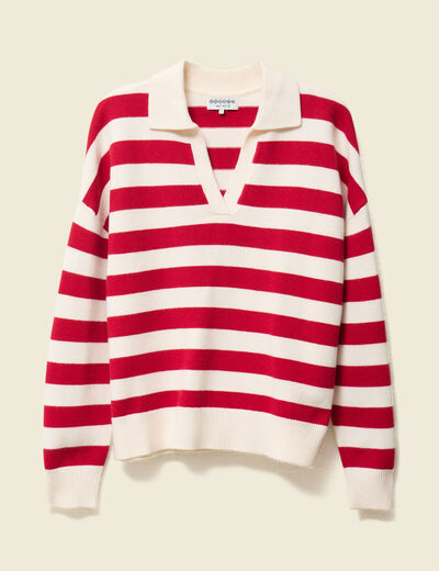 Pull manches longues col polo ecru femme