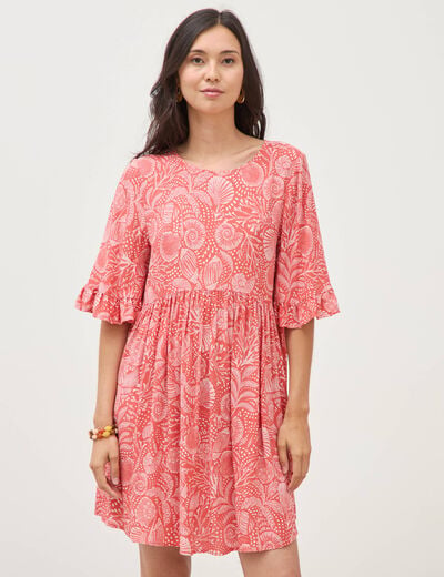 Robe fluide col rond manches coude orange corail femme