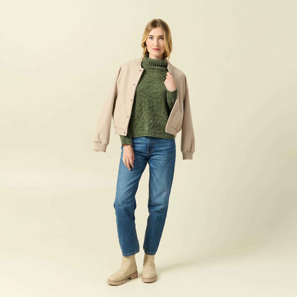 Pull col roul&eacute; manches longues vert kaki femme