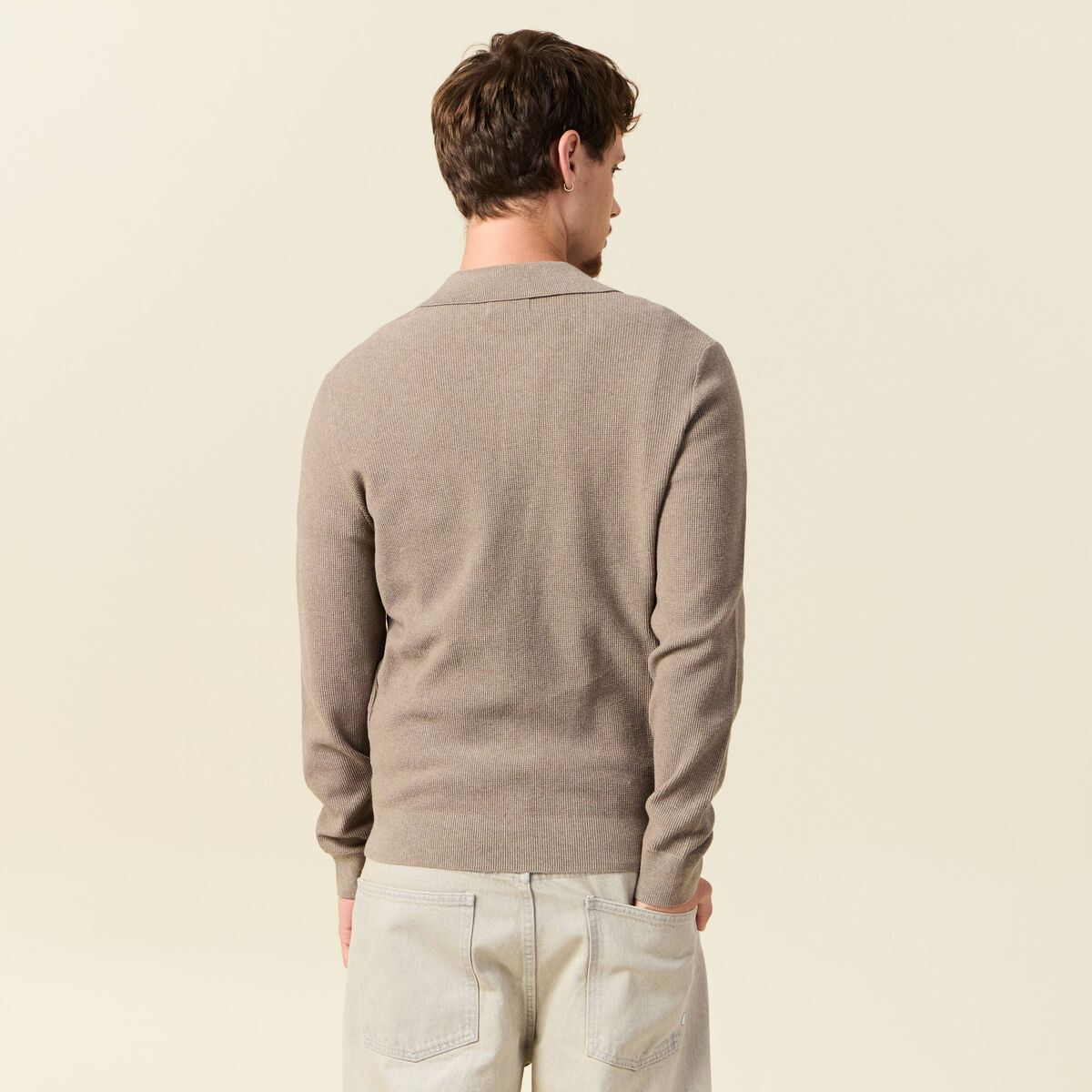 Pull droit col polo manches longues vert kaki homme