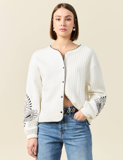 Gilet manches longues brodé ecru femme