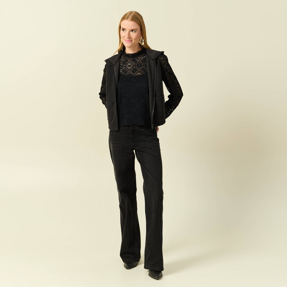 T-shirt droit court manches longues noir femme