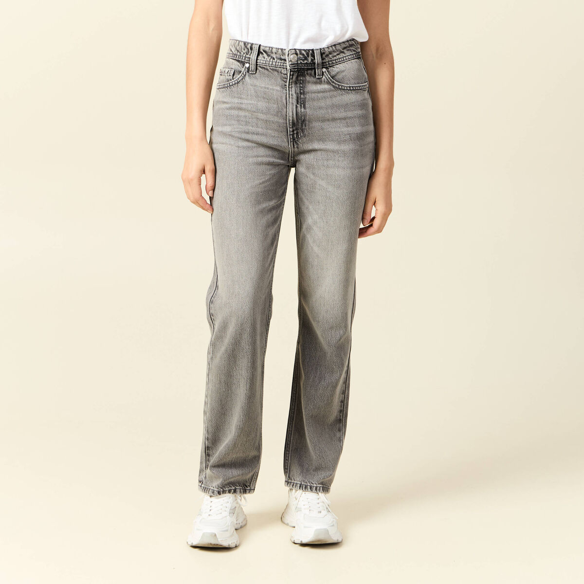 Jeans straight taille haute 7/8&egrave;me denim gris clair femme
