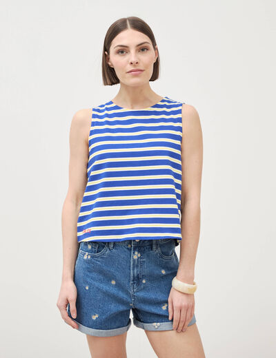 D&eacute;bardeur ray&eacute; col rond en coton bleu femme