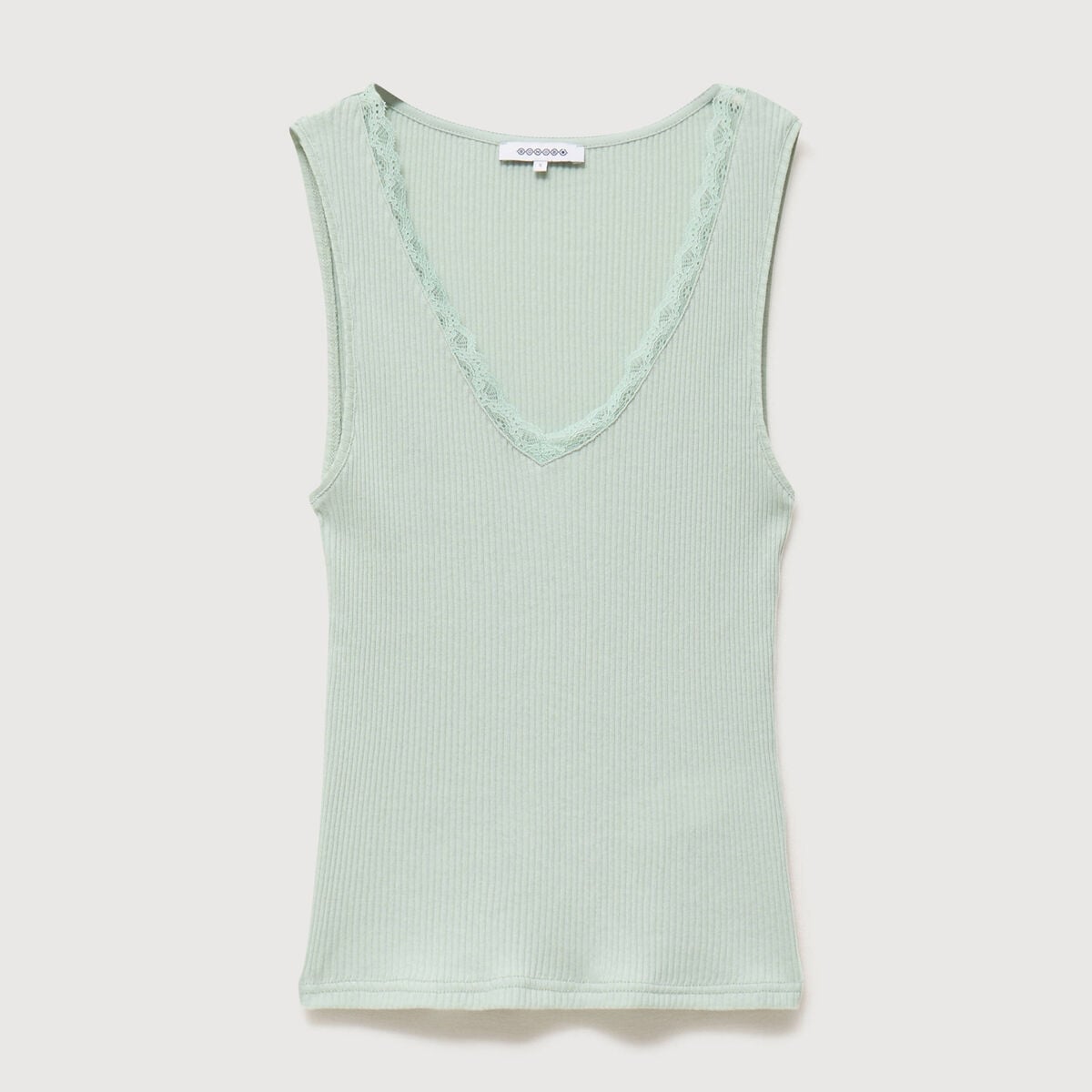 D&eacute;bardeur col v bretelles dentelle vert pastel femme