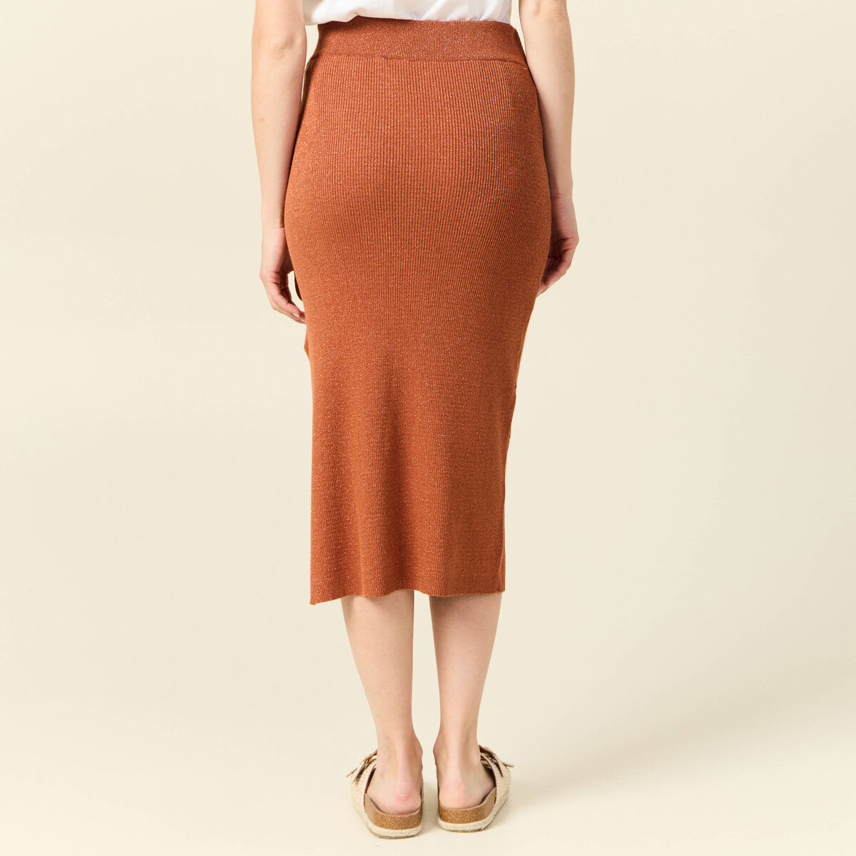 Jupe longue ajust&eacute;e en tricot orange fonc&eacute; femme