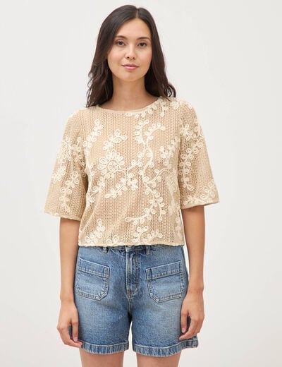 T-shirt brod&eacute; col rond manches 3/4 beige femme