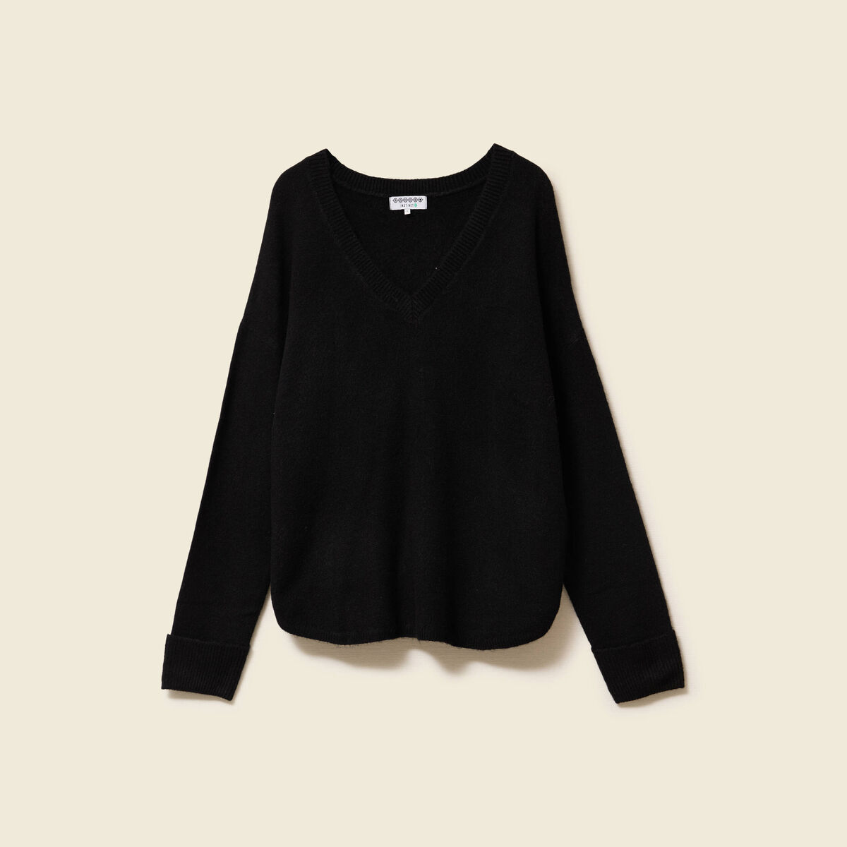 Pull manches longues col en V noir femme