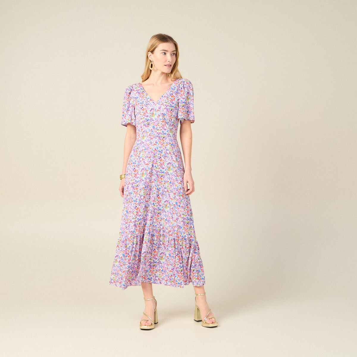 Robe longue évasée rose femme