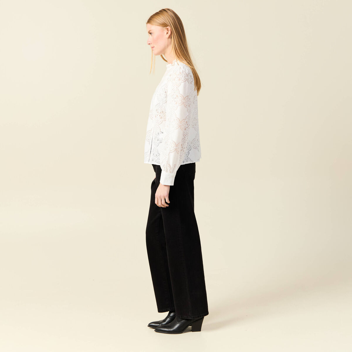 Blouse cintrée dentelle manches longues ecru femme