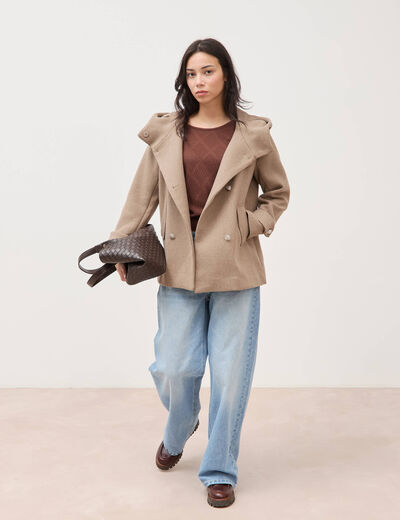 Caban oversize court &agrave; capuche beige femme