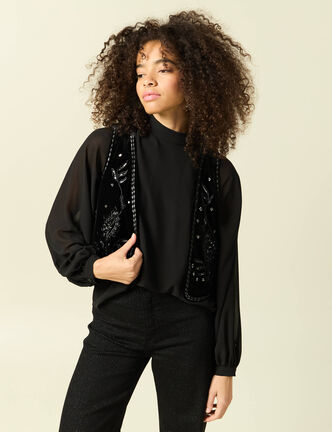 Veston court droit en velours noir femme