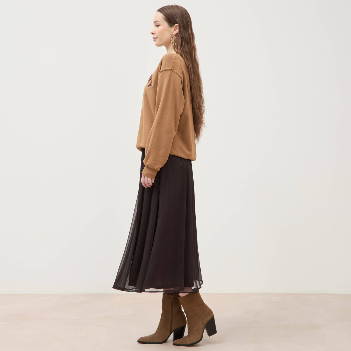 Jupe en voile doubl&eacute;e marron fonc&eacute; femme