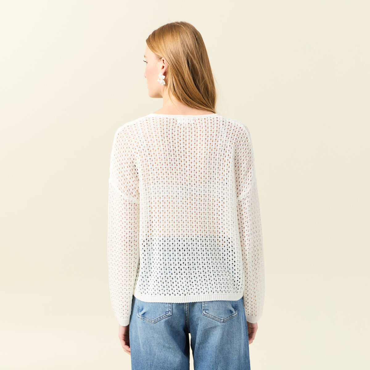 Pull manches longues ajouré ecru femme