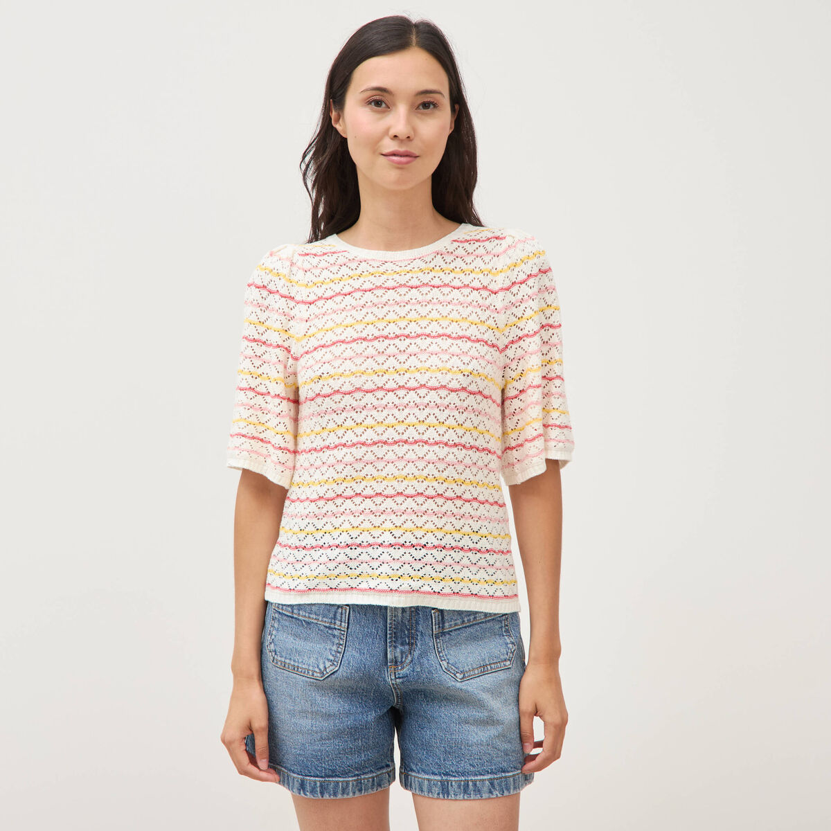 Pull col bateau manches courtes rose femme