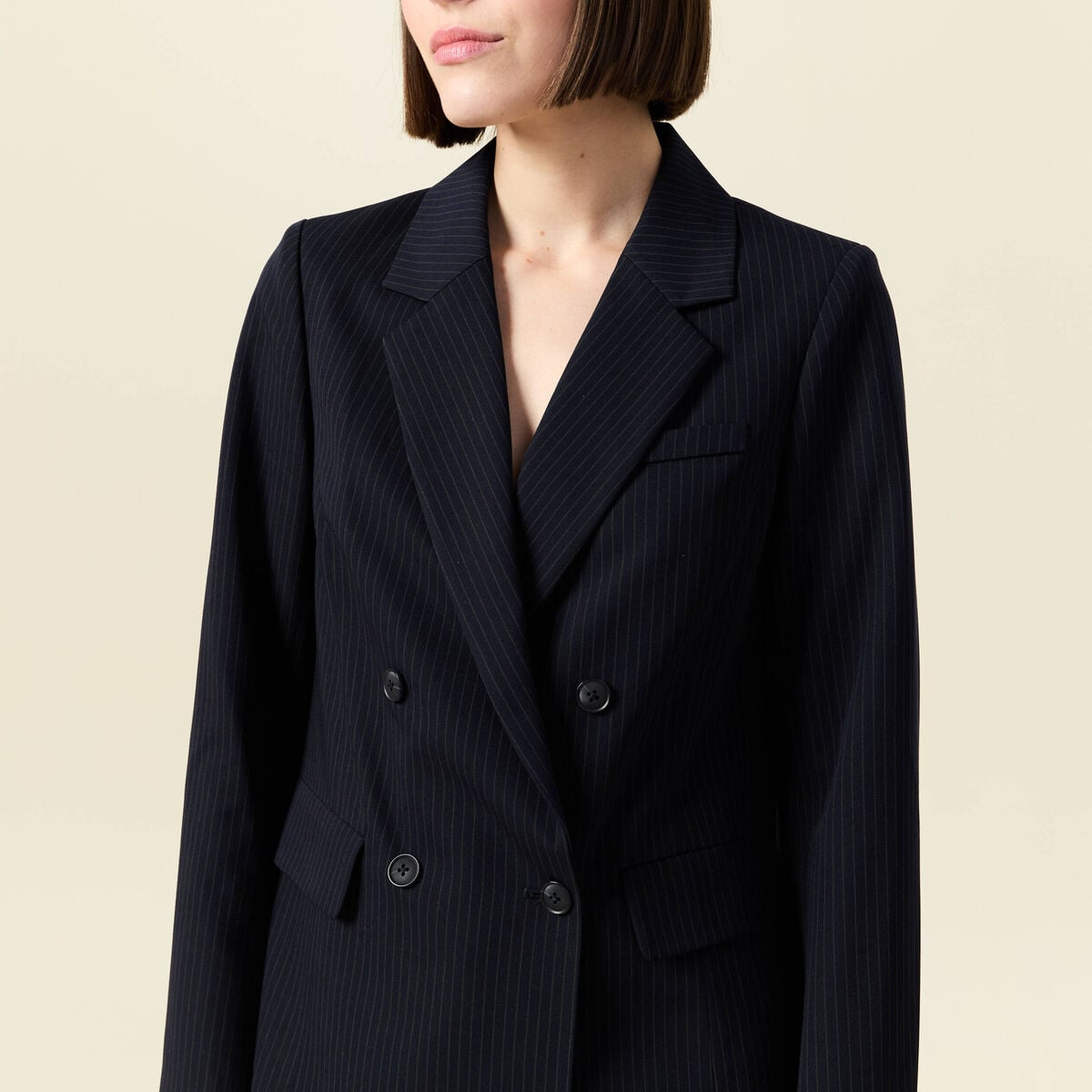Blazer manches longues col tailleur bleu marine femme