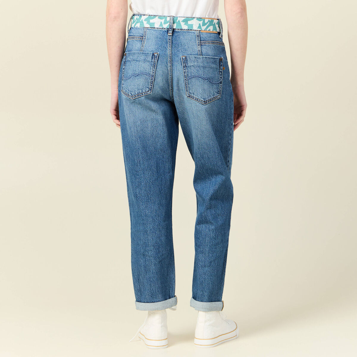Jeans mom ceinture foulard denim stone femme