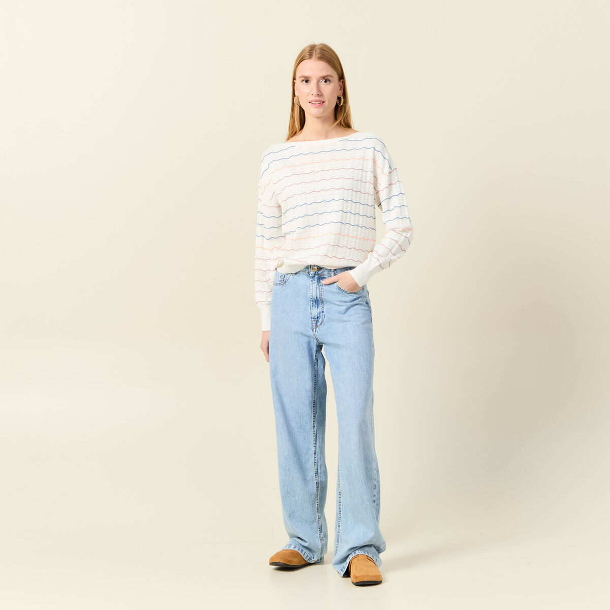 Pull manches longues ajouré ecru femme