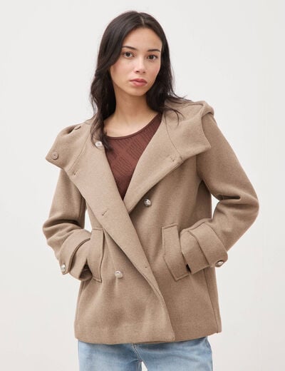 Caban oversize court &agrave; capuche beige femme