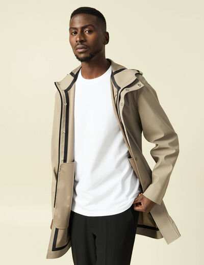 Parka longue droite &agrave; capuche taupe homme