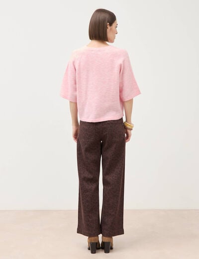 Pull droit col rond manches courtes rose clair femme