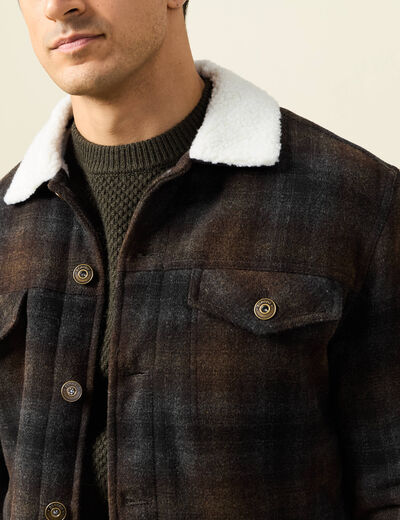 Veste droite courte col chemise marron fonc&eacute; homme