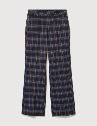 Pantalon flare &agrave; carreaux taille haute bleu gris femme