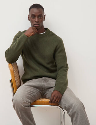 Pull droit col rond manches longues vert kaki homme