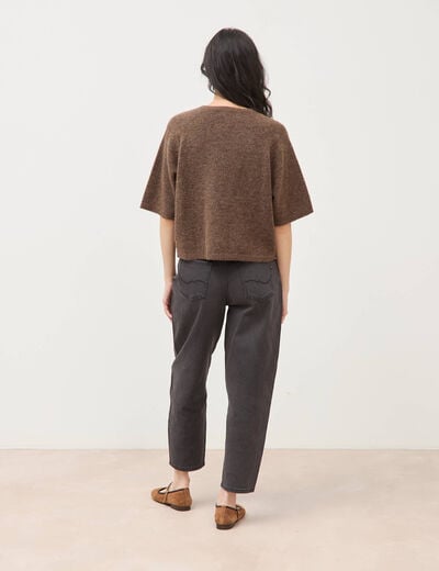 Pull droit col rond manches courtes marron femme