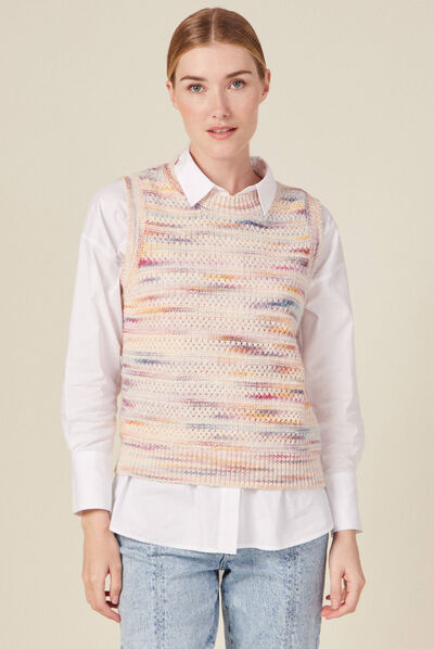Pull sans manches ajouré creme femme