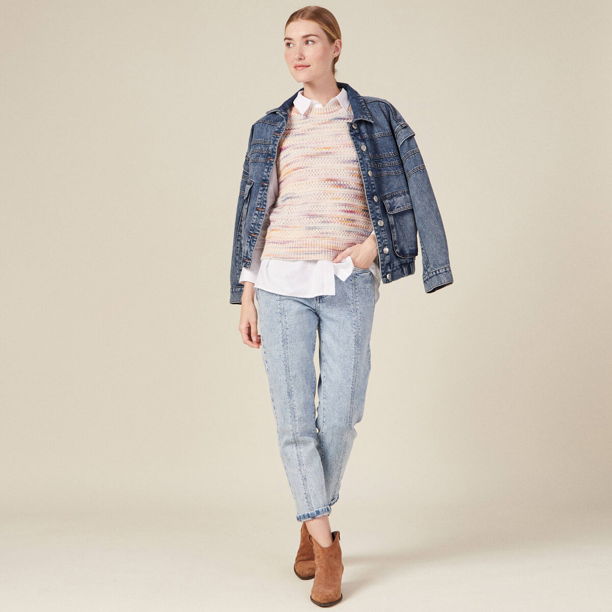 Pull sans manches ajouré creme femme
