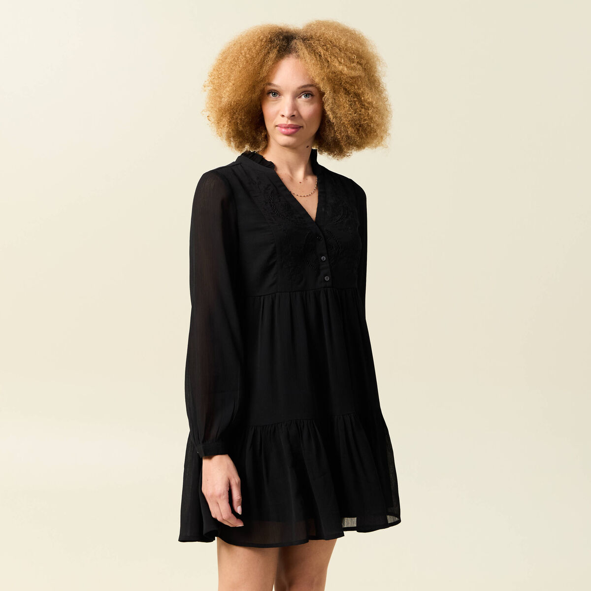 Robe manches longues doubl&eacute;e noir femme