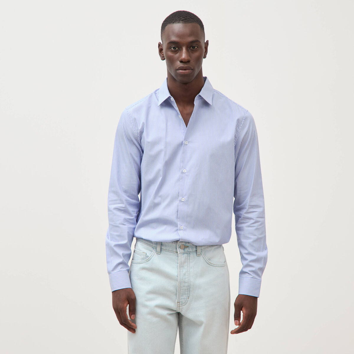 Chemise col am&eacute;ricain manches longues bleu gris homme