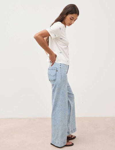 T-shirt droit col rond brod&eacute; en coton ivoire femme