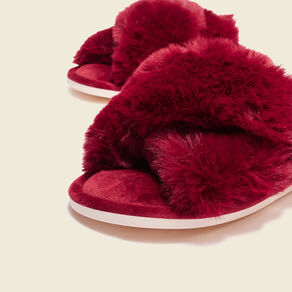 Chaussons mules fourrure rouge foncé femme