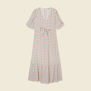 Robe longue évasée col en V blanc femme