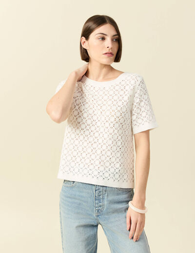 T-shirt ajour&eacute; col rond manches courtes ecru femme