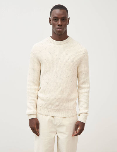 Pull col rond manches longues en coton ecru homme