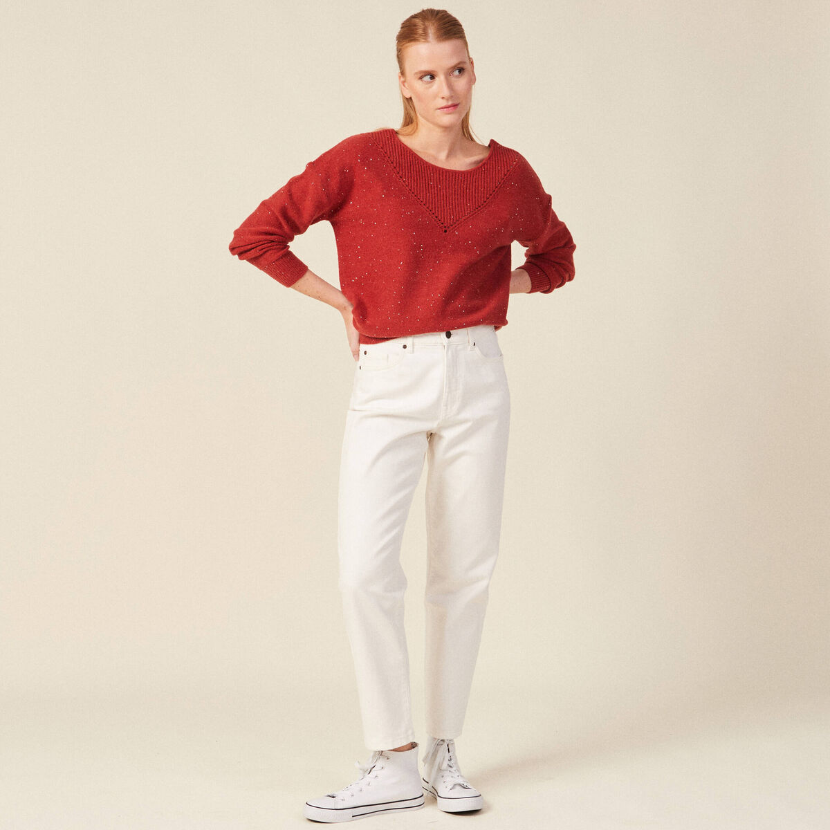 Pull manches longues sequins rouge foncé femme
