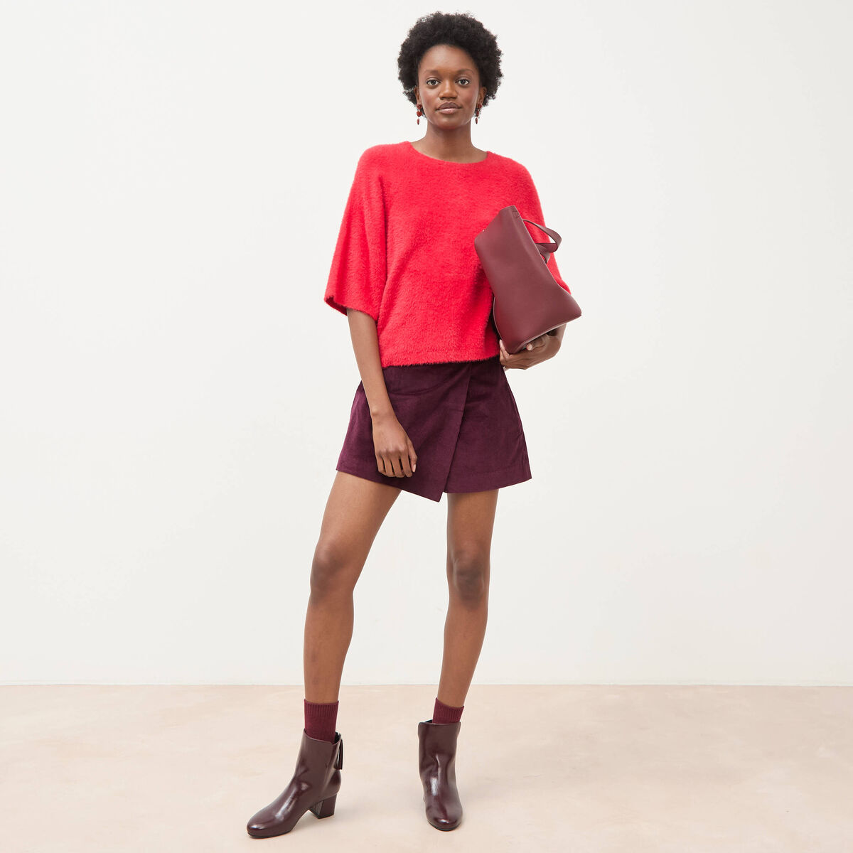 Pull droit manches 3/4 col rond rouge femme