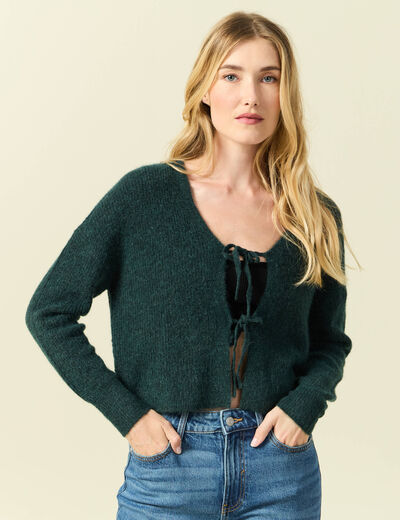 Gilet col V manches longues n&oelig;uds vert fonc&eacute; femme